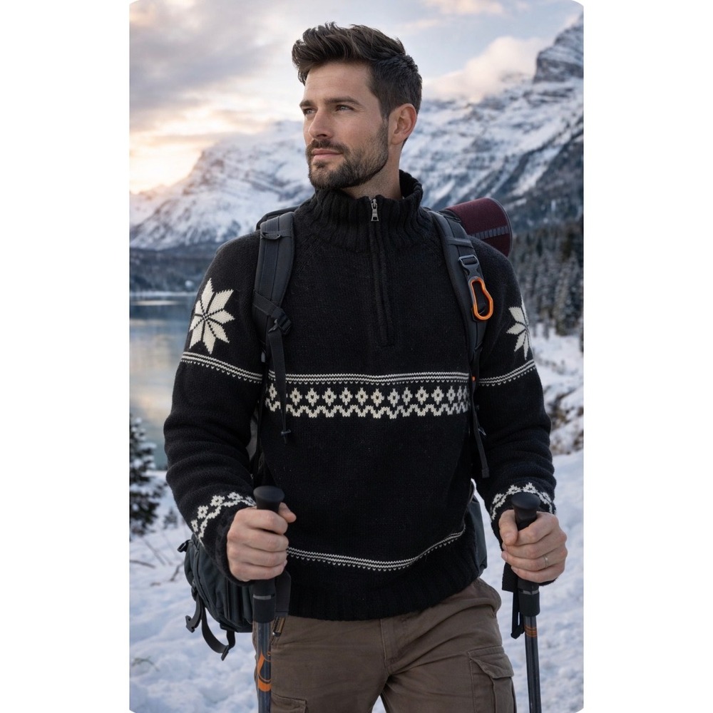 Northcrest Mens Black Fair Isle Nordic Snowflake Half Zip Sweater 42 Cabincore